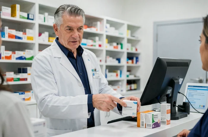 Pharmacien expliquant l'association de Doliprane et Aerius à un client au comptoir d'une pharmacie