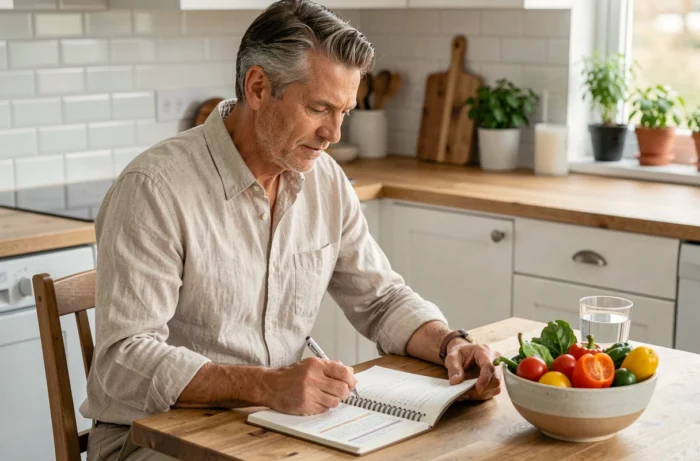 Homme consultant un plan alimentaire sain dans une cuisine moderne pour adopter de bonnes habitudes de santé