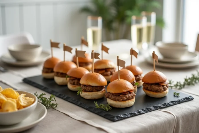 Plateau ardoise de mini hamburgers apéro avec pics décoratifs pour une table de réception conviviale