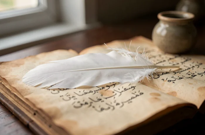 Plume blanche posée sur un manuscrit arabe ancien avec calligraphie islamique, symbolisant la connaissance et la révélation en islam