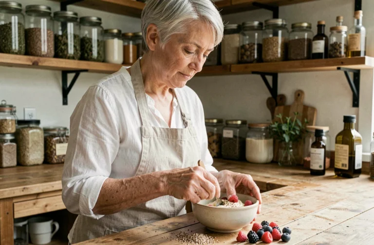 Femme préparant la crème Budwig dans une cuisine naturelle avec graines de lin et fruits frais