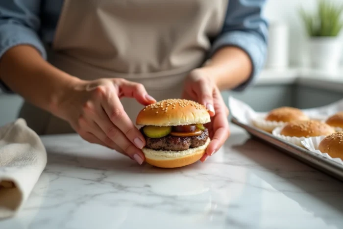 Mains préparant des mini hamburgers à l'avance sur un plan de travail en marbre blanc