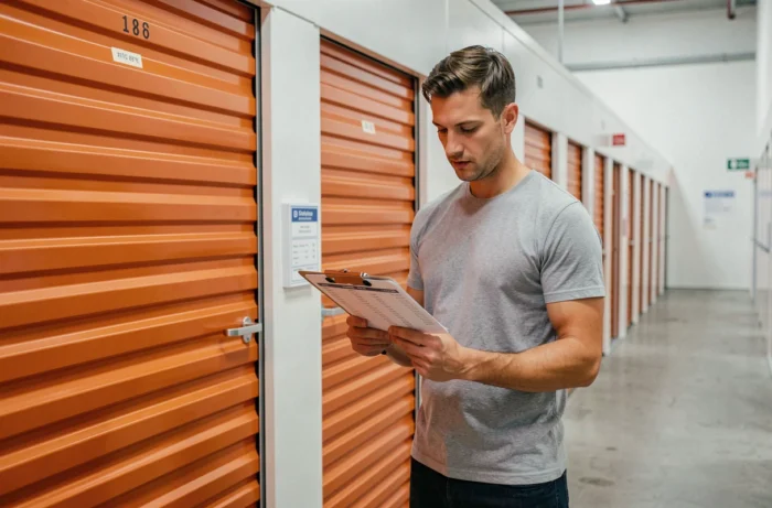 Homme consultant une liste de prix devant des boxes de stockage dans un entrepôt self-stockage moderne