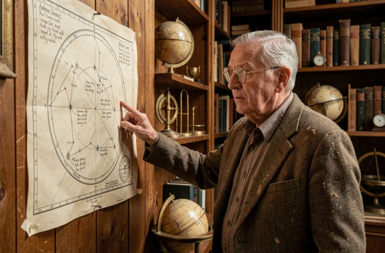 Professeur d'astronomie désignant une ancienne carte stellaire représentant sept étoiles dans un bureau universitaire historique