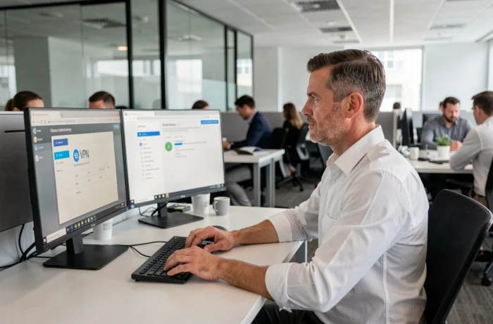 Professionnel en entreprise utilisant un navigateur et un VPN pour accéder à des sites restreints au bureau