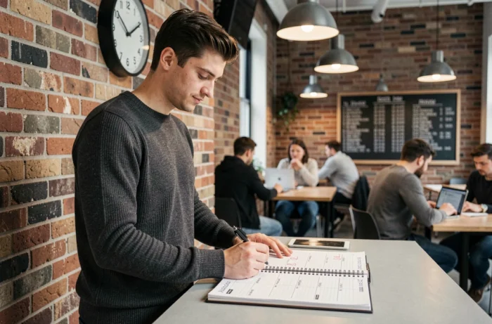 Jeune professionnel debout notant ses heures de travail sur un planificateur hebdomadaire dans un espace de coworking moderne