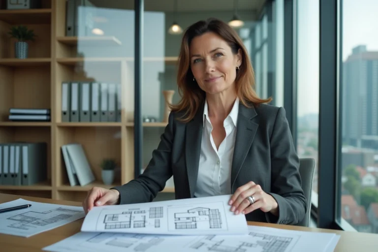 Professionnelle de l'immobilier étudiant des documents de logement dans un bureau moderne de société immobilière