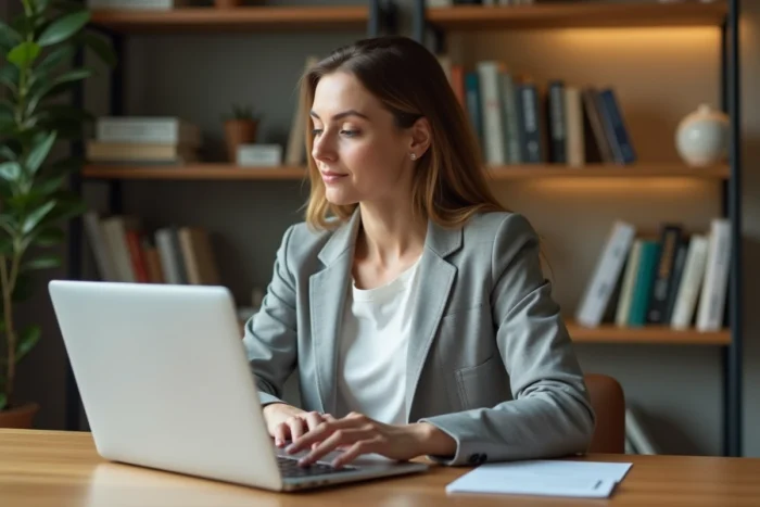 Professionnelle en télétravail consultant des ressources en ligne sur son ordinateur portable dans un bureau moderne