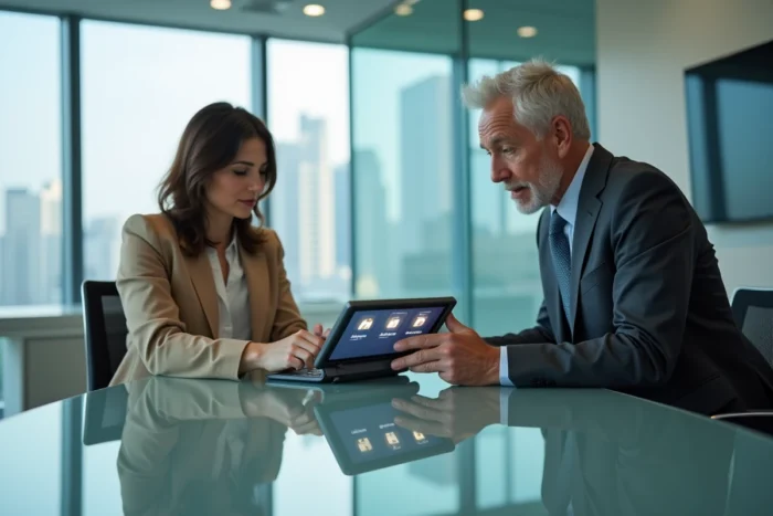 Deux professionnels consultant un espace client sécurisé et des documents chiffrés sur tablette en salle de réunion