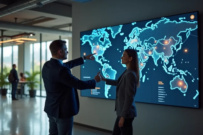 Deux professionnels du trading crypto en discussion devant un écran de visualisation de réseau blockchain dans un espace de travail fintech moderne
