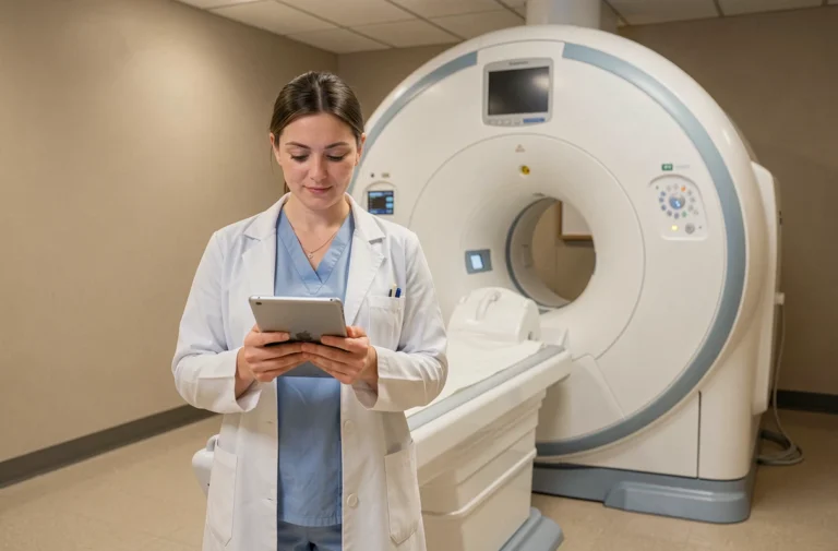 Radiologue féminine en blouse blanche debout devant un appareil IRM moderne dans une salle d'imagerie médicale hospitalière