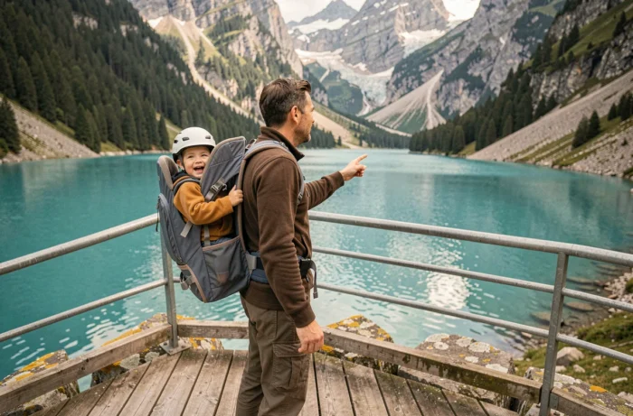 Père avec son enfant dans un porte-bébé randonnée sur le belvédère face au lac d'Oeschinensee