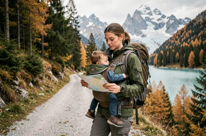 Mère portant son bébé dans un porte-bébé ventral sur le sentier du lac d'Oeschinenssee dans les Alpes suisses