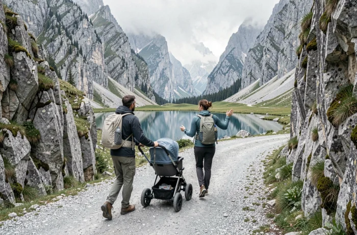 Couple avec poussette tout-terrain sur le sentier panoramique du lac d'Oeschinensee en Suisse