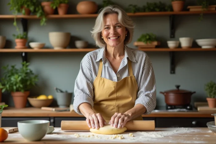Femme préparant des pâtes maison sur un plan de travail en bois dans une cuisine chaleureuse et rustique