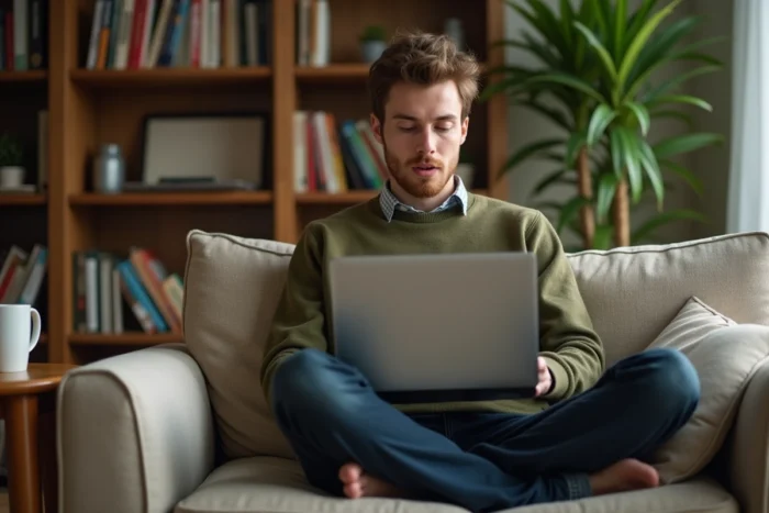 Jeune professionnel cherchant un emploi sur son ordinateur portable depuis son domicile