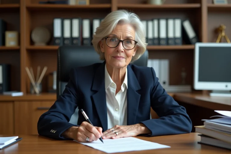Femme fonctionnaire rédigeant une lettre de demande de retraite à son bureau administratif