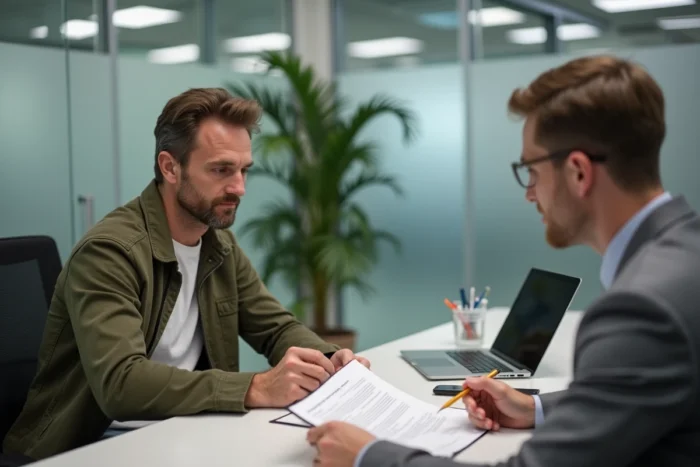 Homme discutant d'un prêt immobilier avec un conseiller bancaire dans un bureau professionnel