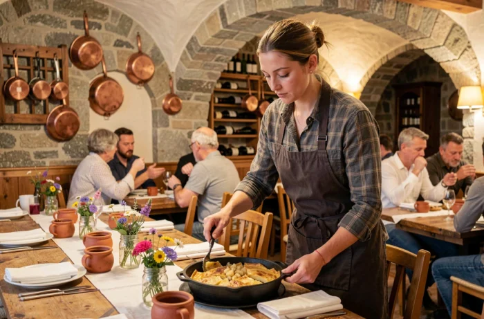 Salle de restaurant d'un chalet hôtel savoyard avec service de tartiflette, décoration rustique en pierre et bois et ambiance montagnarde