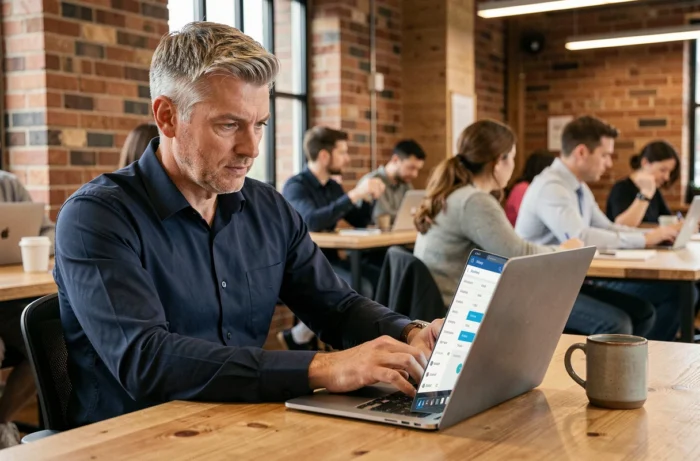 Homme d'affaires saisissant ses heures de travail dans une application sur ordinateur portable dans un espace de coworking