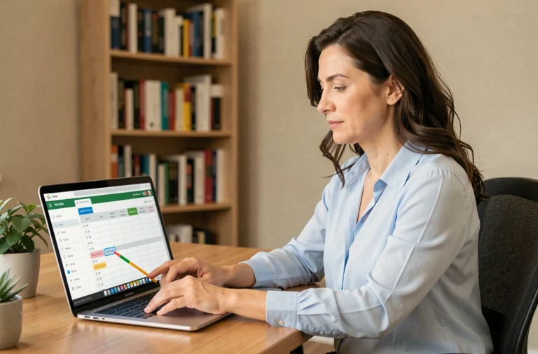 Salariée consultant son planning sur extranet via un ordinateur portable dans un bureau à domicile