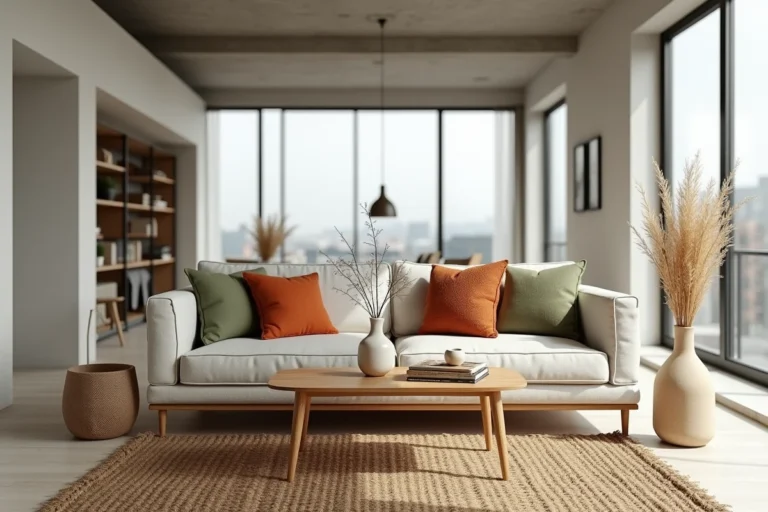 Salon scandinave tendance avec canapé en lin, coussin terracotta et table en chêne brut pour une décoration moderne et épurée