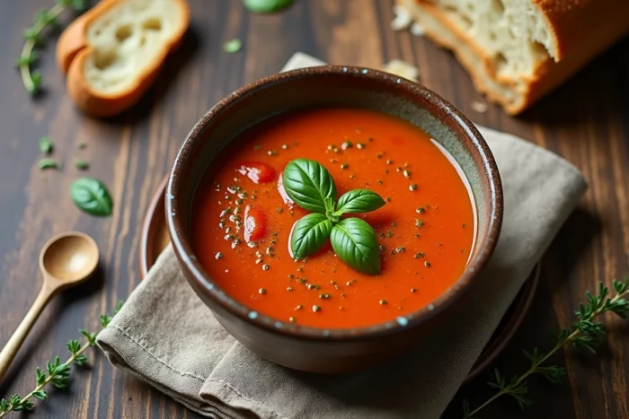 Bol de soupe maison aux légumes et tomates fraîches servi avec du pain rustique sur une table en chêne