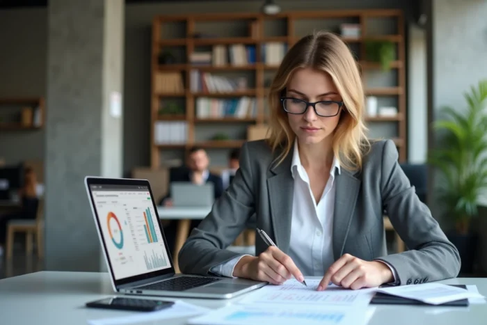 Spécialiste en prêt immobilier analysant un dossier de financement sur ordinateur dans un bureau contemporain
