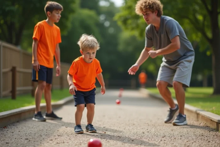 Jeune garçon avec trisomie 21 jouant à la pétanque dans un parc public avec l'aide d'un éducateur sportif bienveillant