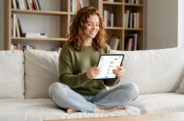 Jeune femme consultant un tableau de bord de calcul d'heures de travail hebdomadaires sur une tablette chez elle