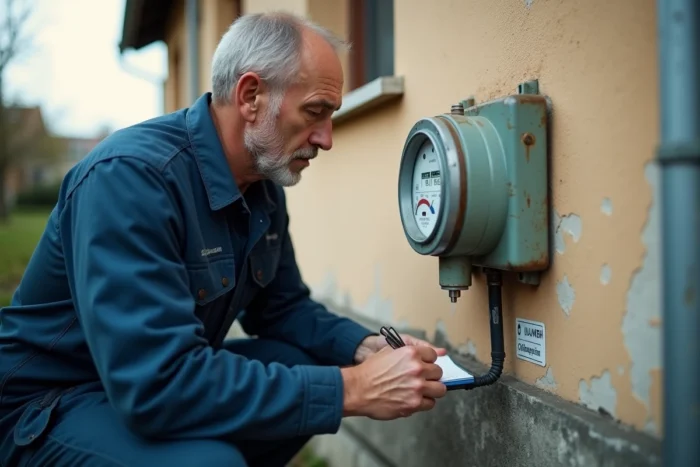 Technicien lisant un compteur de gaz en m3 pour calculer la conversion en kWh