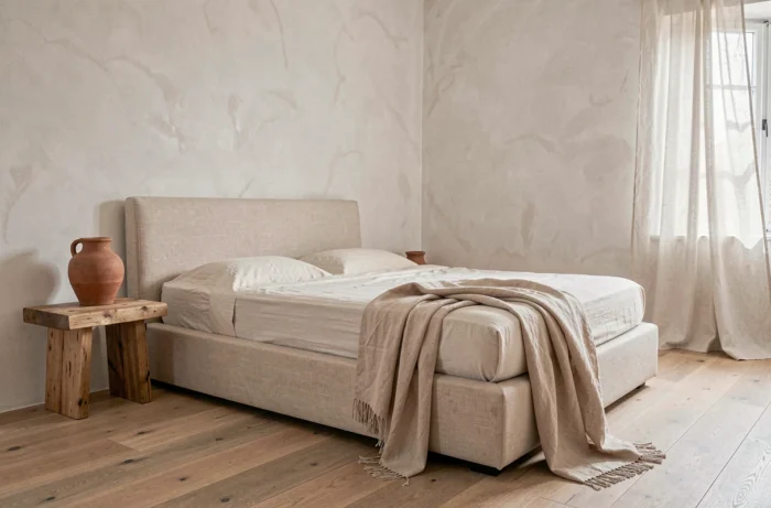 Chambre minimaliste wabi-sabi avec tête de lit en lin, mur en enduit à la chaux et vase en argile sur table de nuit en chêne brut