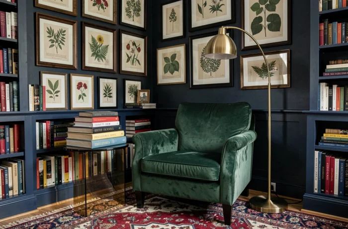 Coin lecture cosy avec fauteuil en velours vert forêt, mur galerie de gravures botaniques et bibliothèque intégrée