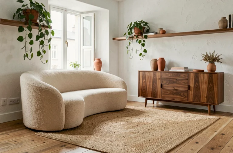 Salon moderne décoré avec un canapé en bouclé beige, des vases en terre cuite et des plantes suspendues sur étagère flottante