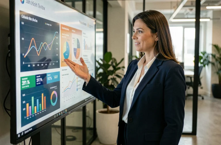 Femme professionnelle présentant des tableaux de bord marketing digitaux sur un écran tactile dans un bureau moderne en 2024