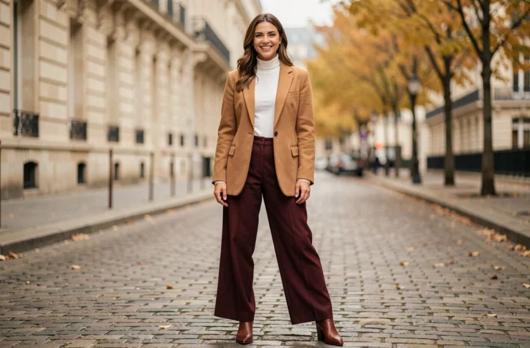 Femme élégante portant un blazer camel surdimensionné et un pantalon bordeaux tendance automne dans une rue pavée parisienne