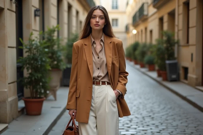 Femme élégante portant un blazer camel oversize et un pantalon large en lin ivoire dans une rue pavée parisienne, tendance mode automne