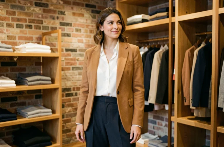 Femme élégante portant un blazer camel et un pantalon large marine dans une boutique parisienne au style chic