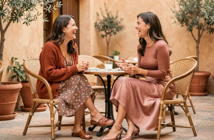 Deux femmes élégamment habillées aux dernières tendances mode assises en terrasse de café dans une ambiance méditerranéenne chaleureuse