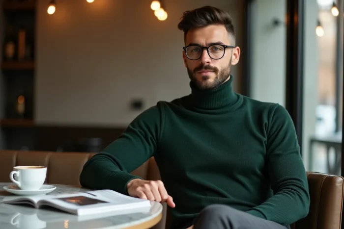 Homme stylé en pull col roulé vert forêt et pantalon gris charbon assis dans un café minimaliste, look mode urbain tendance