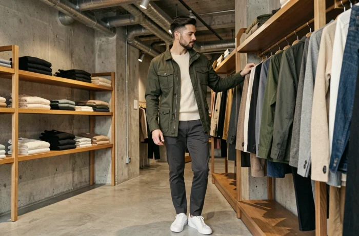 Homme tendance portant une veste utilitaire verte et un pull en maille crème dans un concept store minimaliste contemporain