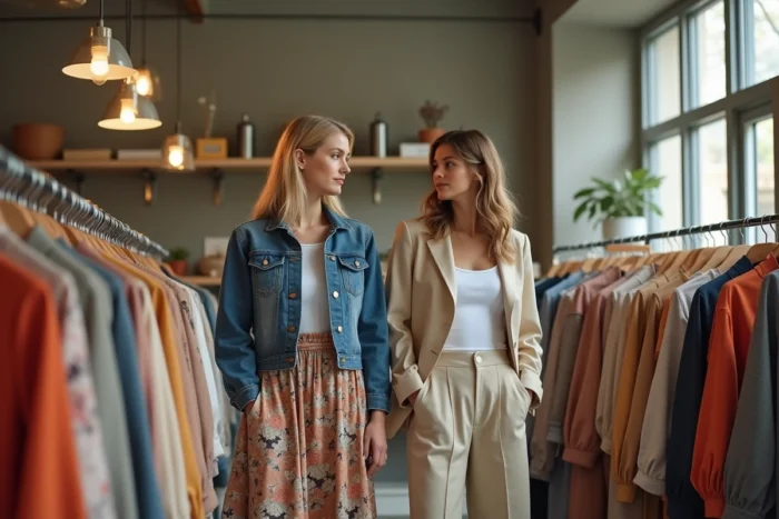 Deux femmes parcourant des vêtements dans un concept store tendance, entre veste en denim patchwork et co-ord beige épuré, shopping mode