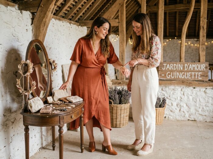 Deux femmes comparant des accessoires pour adapter des tenues de ville à un mariage guinguette dans une grange décorée