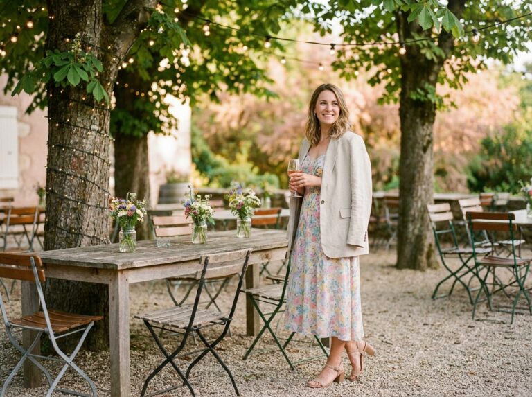 Femme en robe fleurie midi et blazer lin adaptant une tenue de ville pour un mariage guinguette en plein air