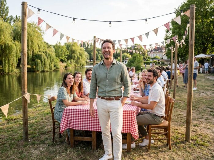 Homme en chemise lin et chino blanc adaptant une tenue de ville élégante décontractée pour un mariage guinguette en bord de rivière