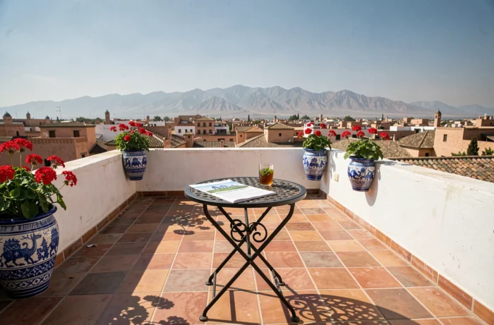 Terrasse d'un riad à vendre à Marrakech avec vue panoramique sur la médina et les montagnes de l'Atlas