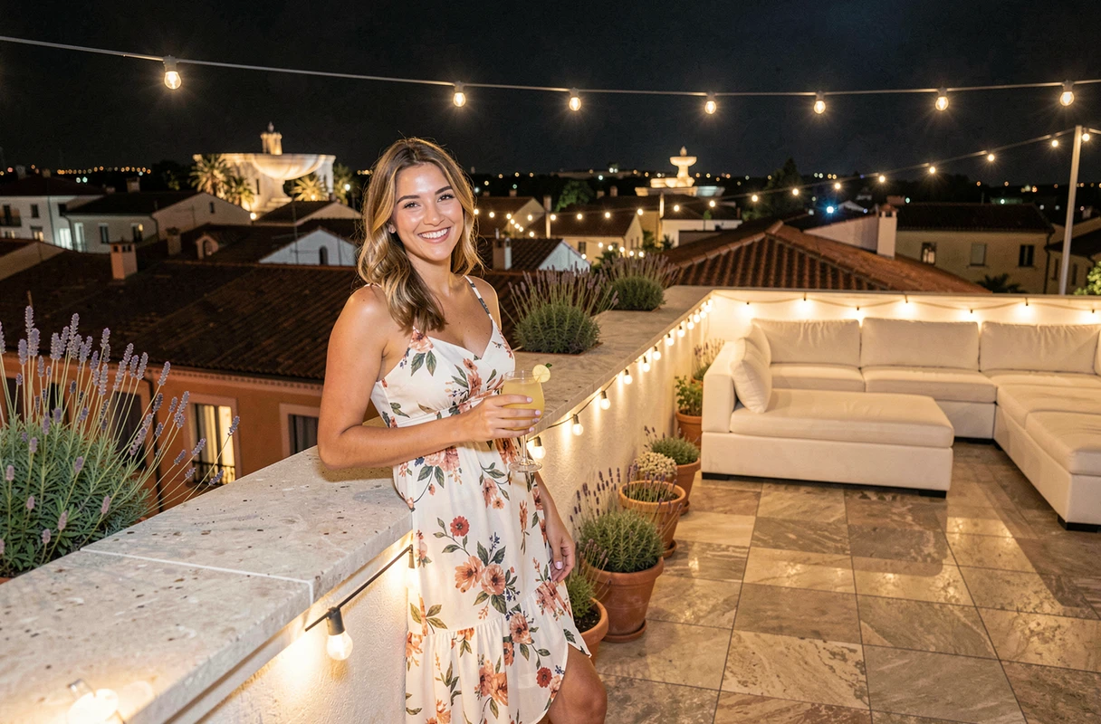 Femme souriante sur une terrasse de boîte de nuit en plein air à Aix-en-Provence avec vue sur les toits provençaux