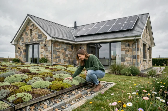 Propriétaire inspectant une toiture végétalisée sur une maison passive en Bretagne avec panneaux solaires