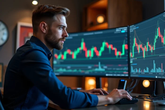 Trader crypto concentré devant plusieurs écrans affichant des graphiques de cryptomonnaies et des données blockchain dans un bureau moderne
