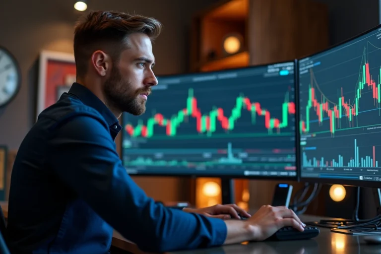 Trader crypto concentré devant plusieurs écrans affichant des graphiques de cryptomonnaies et des données blockchain dans un bureau moderne